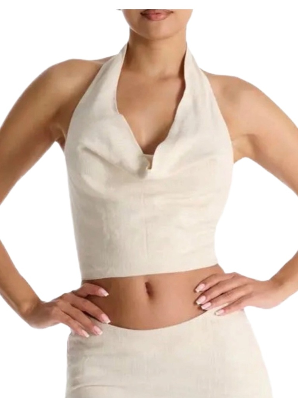 naked wardrobe tie back linen blend Cream Halter Crop Top